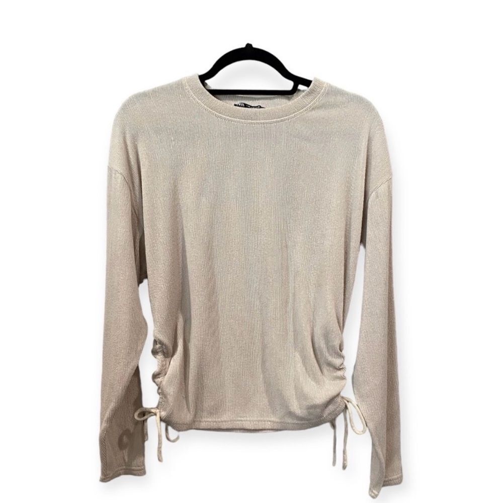 Zara Cream Long Sleeve Top with Side Ties Sz Small